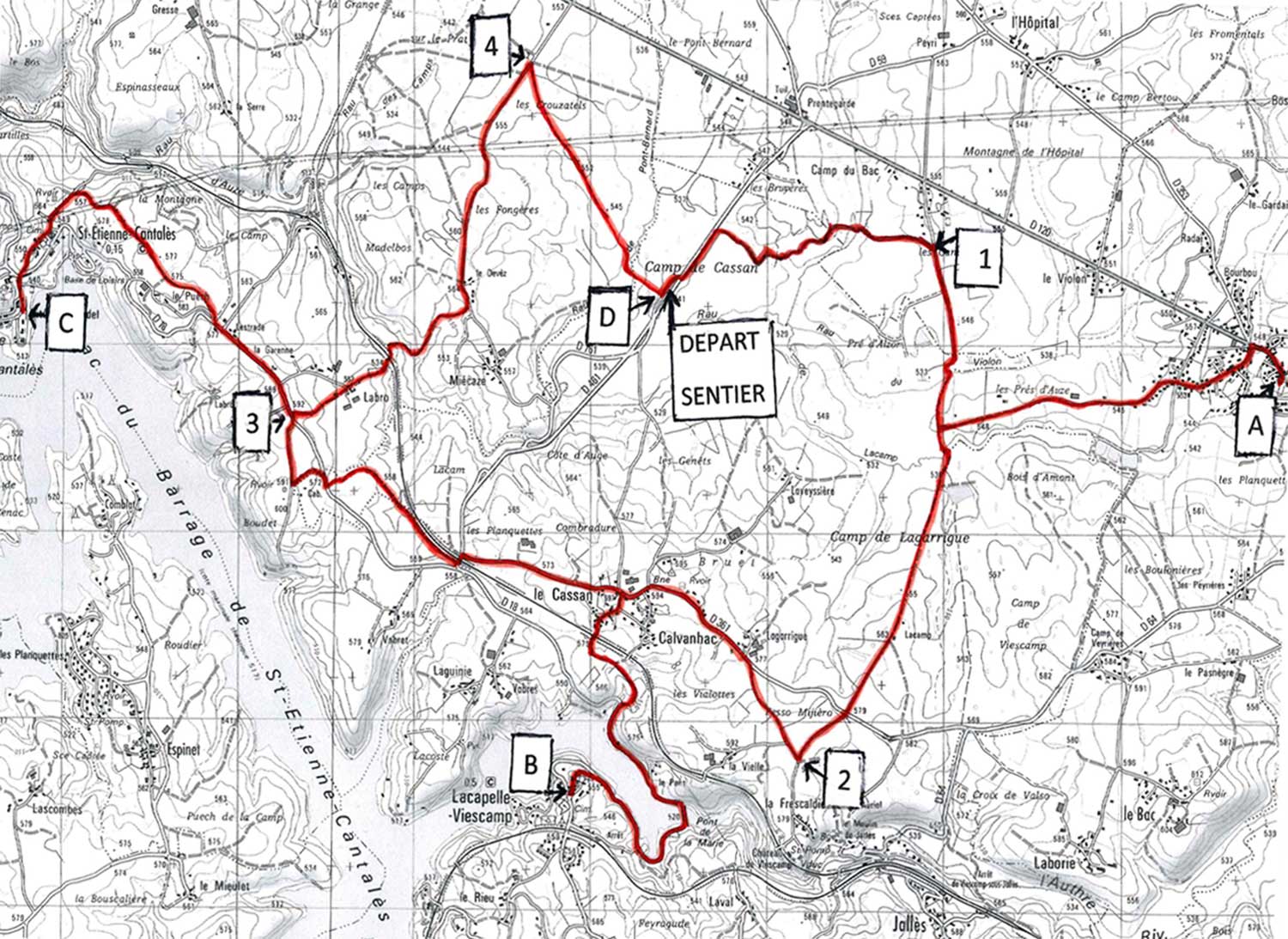 CARTE SENTIER DE RANDONNÉE LE MARAIS DU CASSAN ET DE PRENTEGARDE